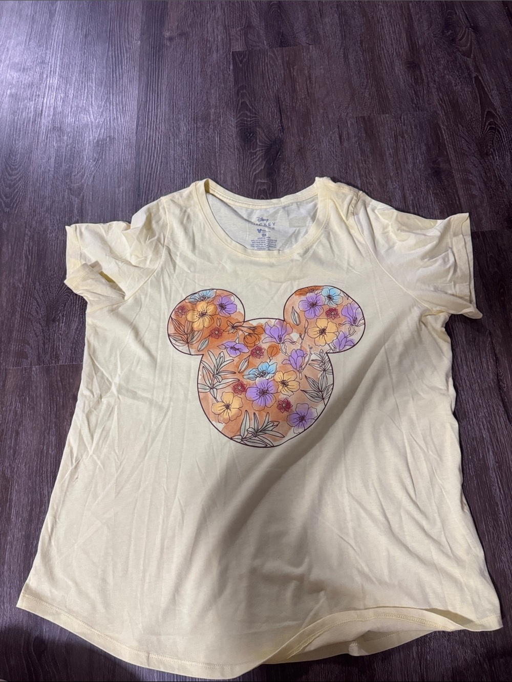 Disney Women's Short Sleeve Yellow Tee with Floral Mickey Graphic